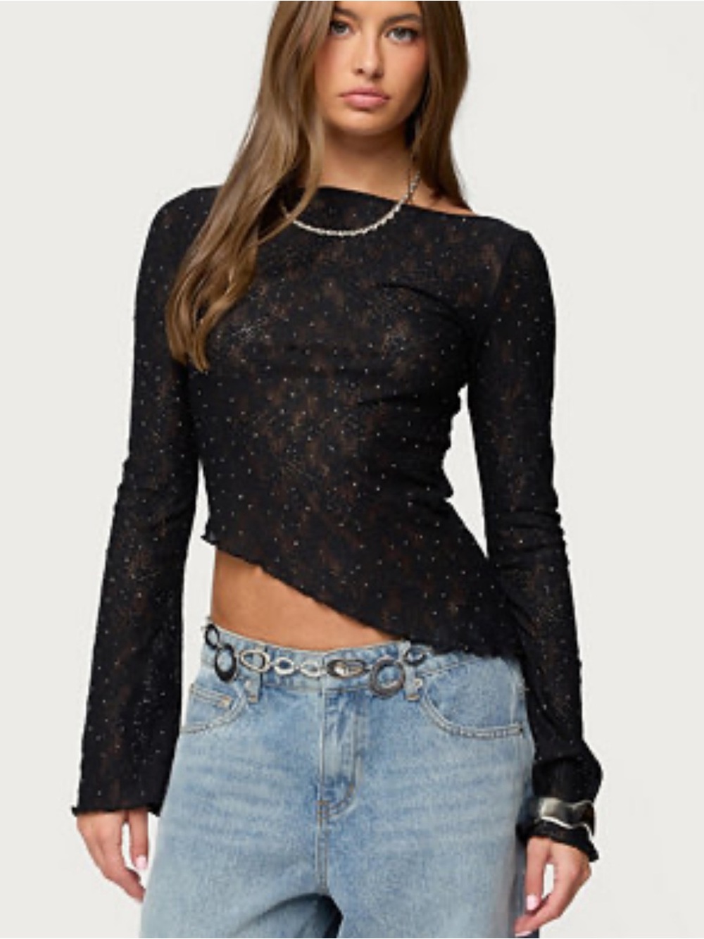 Edikted Black Long-Sleeve Sheer Asymmetric Crop Top